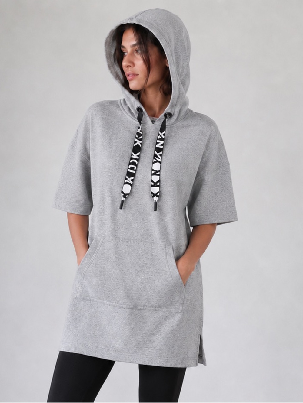 DKNY Sport Heather Grey Hoodie Dress with Fat Logo Drawstrings Size S